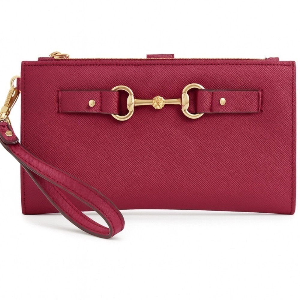 Anne Klein Magenta Horsebit Wristlet Wallet Large Equestrian Gold Hardware
